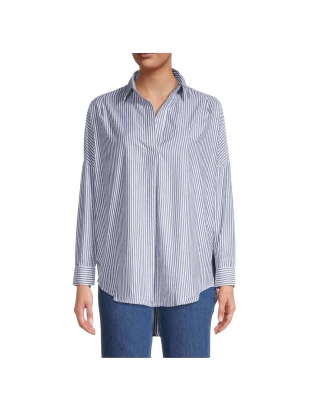 French Connection Rhodes High-Low Striped Top Cotton Shirt Blue White Sz Medium